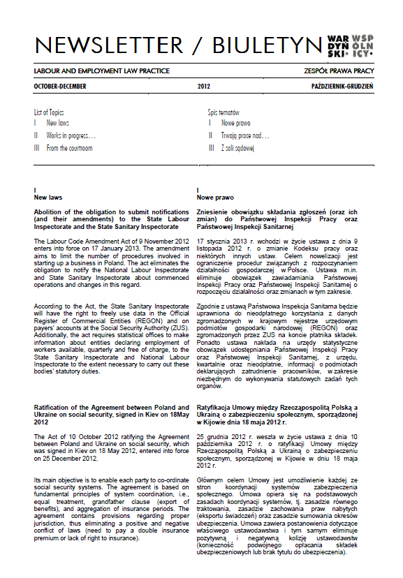 Employment Law Newsletter, October - December 2012